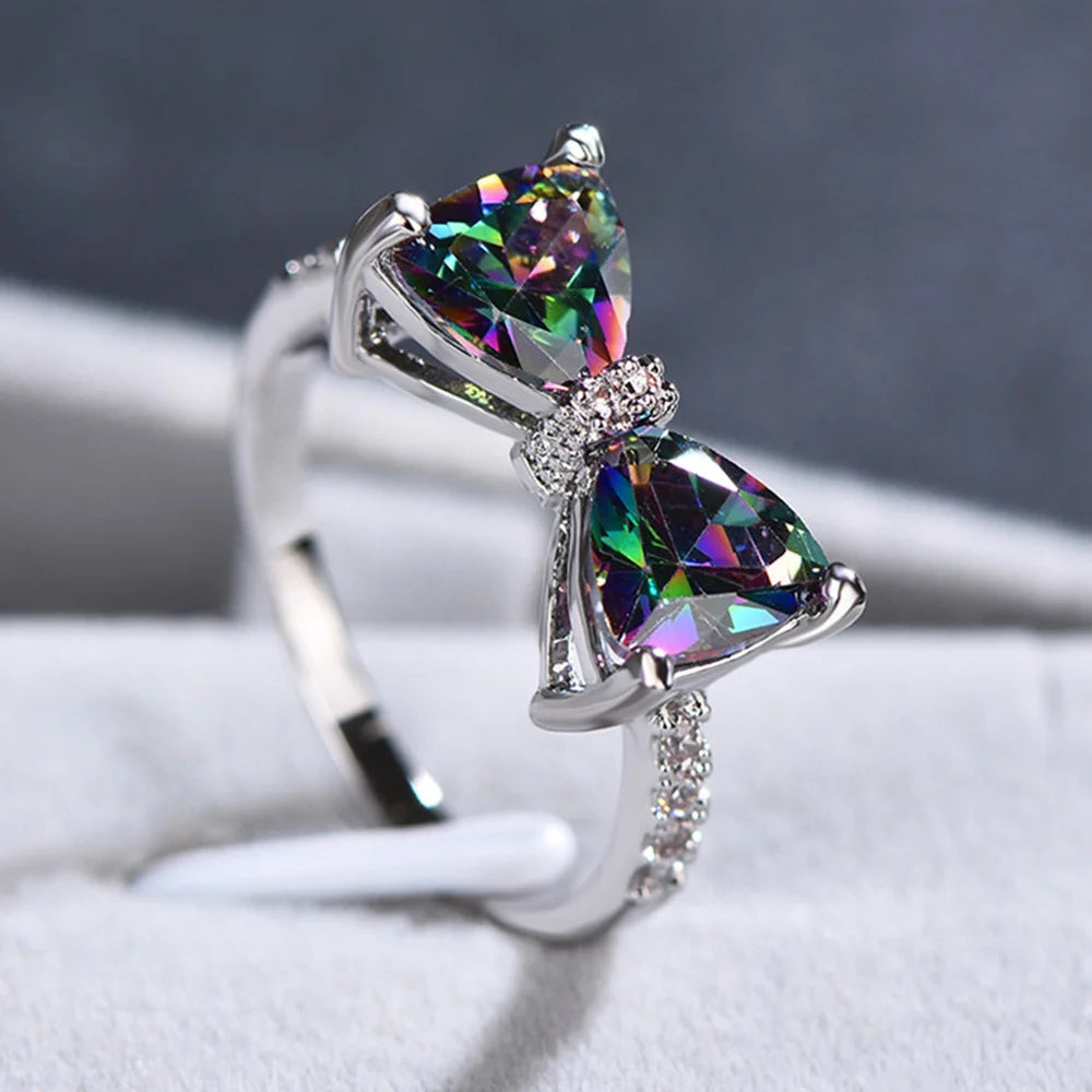 2023 Romantic Bow Colorful Austrian Rings for Women High Quality 316L Stainless Steel Ring Wedding Party Birthday Gift Jewelry