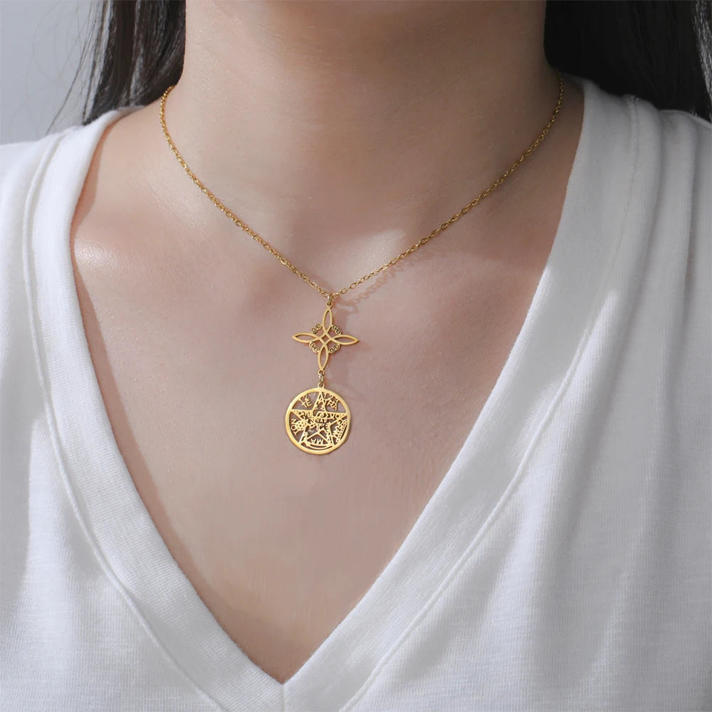 Double Amulet Protection Witch Knot Pentagram Tetragrammaton Charms Stainless Steel DIY Amulet Jewelry Wholesale