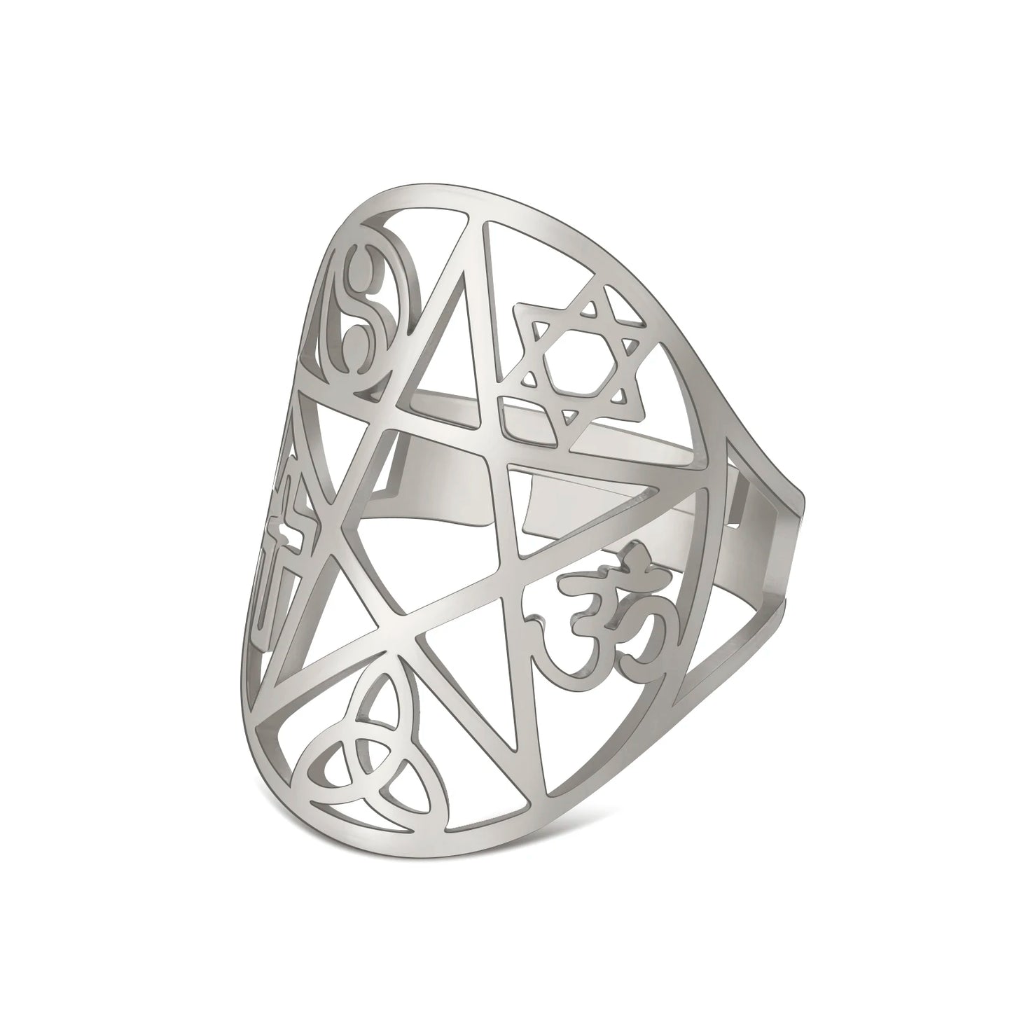 Dawapara Coexist Spiritual Symbols Adjustable Ring Good Luck Amulet Peace Unity Religious Dharma Wheel of Life Stainless Steel
