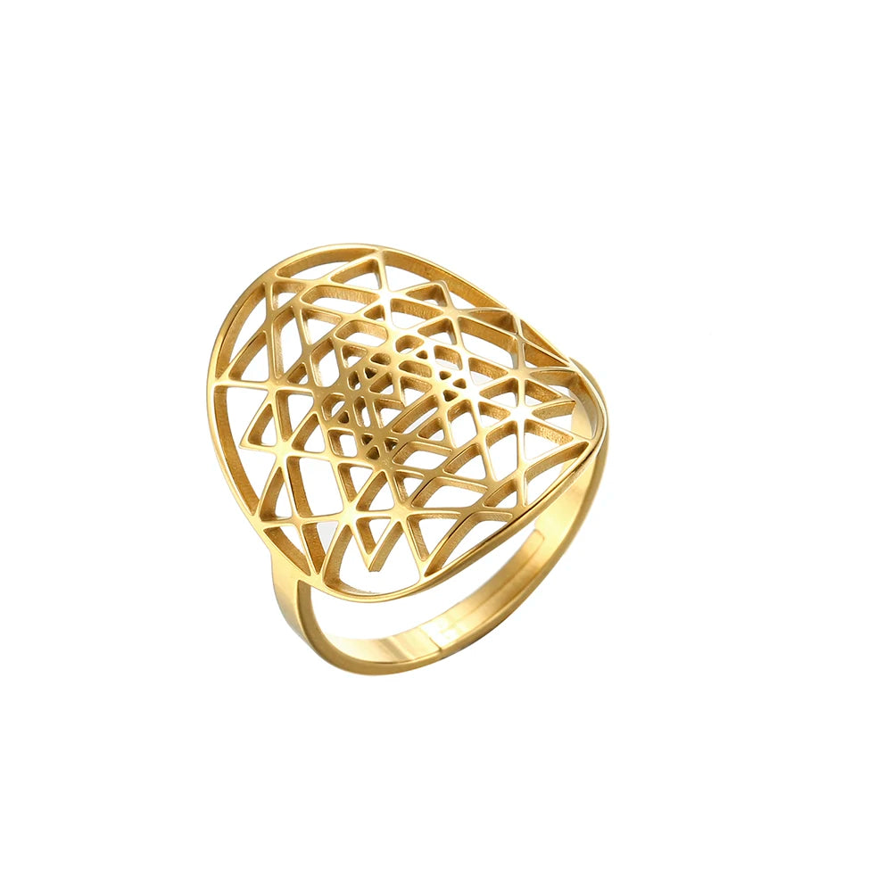 Dawapara Coexist Spiritual Symbols Adjustable Ring Good Luck Amulet Peace Unity Religious Dharma Wheel of Life Stainless Steel