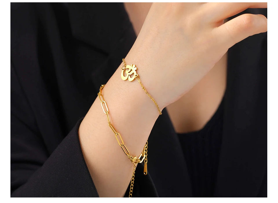 Unift Hindu Yoga Om Aum Bracelet for Women Double Chain Bracelets Bangles Buddhism Amulet Talisman Stainless Steel Jewelry Trend