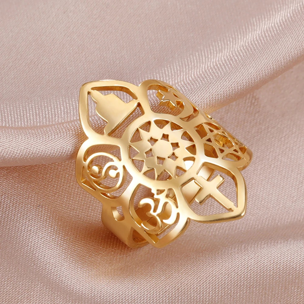 Dawapara Coexist Spiritual Symbols Adjustable Ring Good Luck Amulet Peace Unity Religious Dharma Wheel of Life Stainless Steel