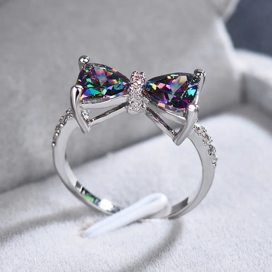2023 Romantic Bow Colorful Austrian Rings for Women High Quality 316L Stainless Steel Ring Wedding Party Birthday Gift Jewelry