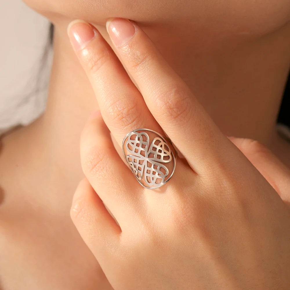Dawapara Celtics Knot Four Leaf Clover Adjustable Ring Endless Knot Irish Jewelry Nordic Mythology Gift Stainless Steel