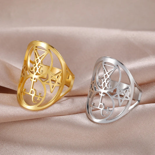 Dawapara Seal of Lilith Lucifer Sigil Adjustable Women Ring Stainless Steel Wedding Bands Moon Goddess Protection Amulet Jewelry