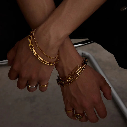 Uworld 18K Gold Color Plated Stainless Steel Reversing Needle Chain Men's Bracelet Stackable Chain Bracelet Neutral Jewelry
