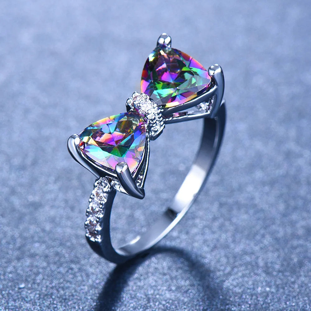 2023 Romantic Bow Colorful Austrian Rings for Women High Quality 316L Stainless Steel Ring Wedding Party Birthday Gift Jewelry