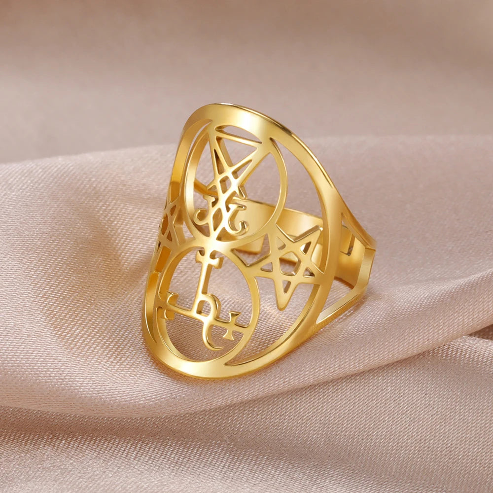Dawapara Seal of Lilith Lucifer Sigil Adjustable Women Ring Stainless Steel Wedding Bands Moon Goddess Protection Amulet Jewelry