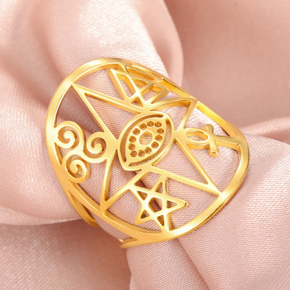 Dawapara Coexist Spiritual Symbols Adjustable Ring Good Luck Amulet Peace Unity Religious Dharma Wheel of Life Stainless Steel