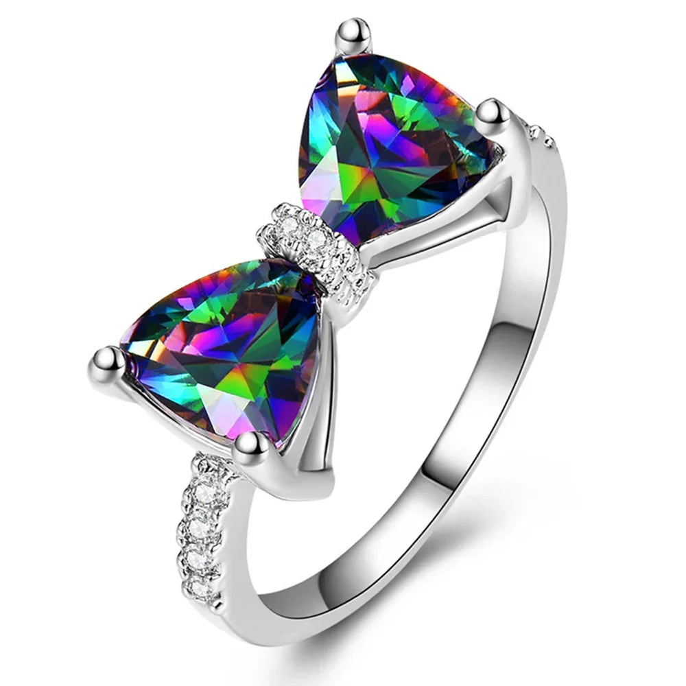 2023 Romantic Bow Colorful Austrian Rings for Women High Quality 316L Stainless Steel Ring Wedding Party Birthday Gift Jewelry