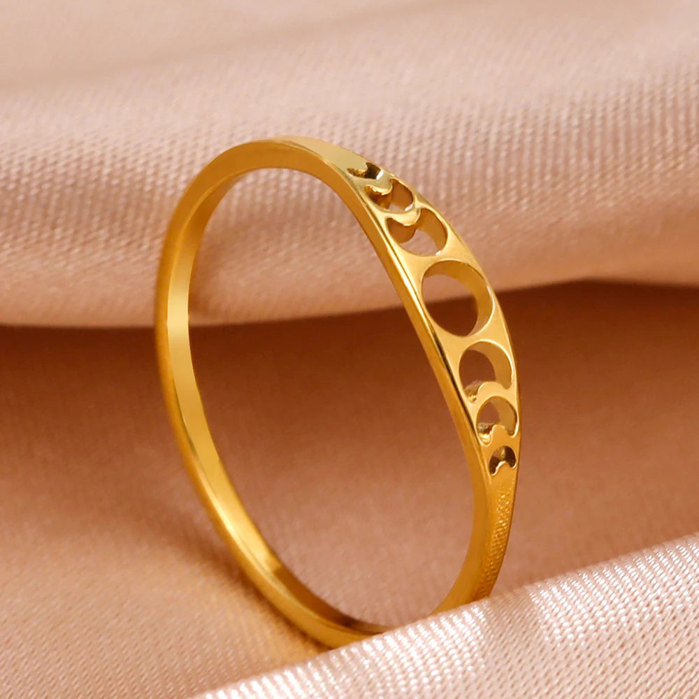 Dawapara Moon Phase Women Ring Lunar Goddess Crescent Moon Minimalist Jewelry Stainless Steel Wedding Band