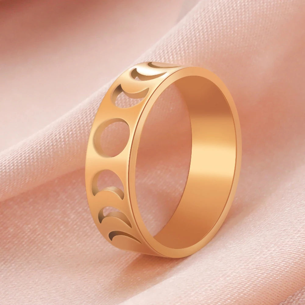 Dawapara Moon Phase Women Ring Lunar Goddess Crescent Moon Minimalist Jewelry Stainless Steel Wedding Band