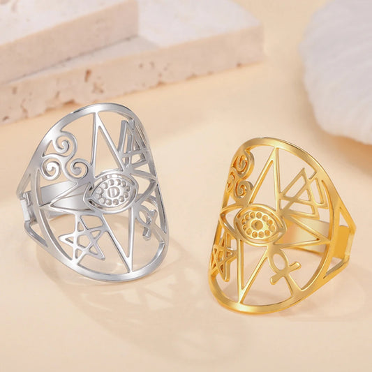 Dawapara Coexist Spiritual Symbols Adjustable Ring Good Luck Amulet Peace Unity Religious Dharma Wheel of Life Stainless Steel