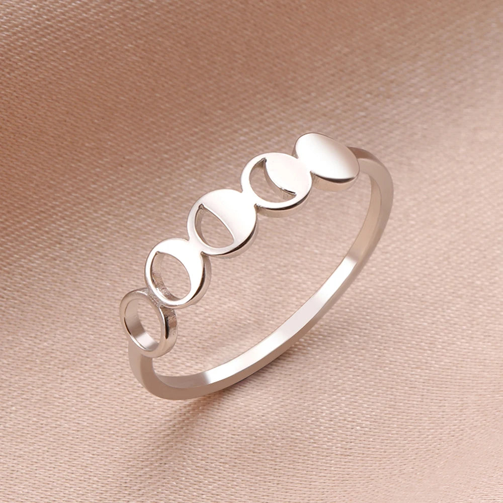 Dawapara Moon Phase Women Ring Lunar Goddess Crescent Moon Minimalist Jewelry Stainless Steel Wedding Band