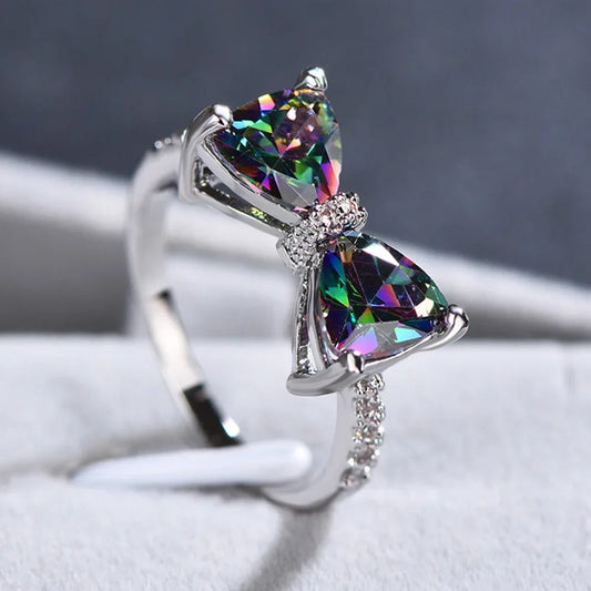 2023 Romantic Bow Colorful Austrian Rings for Women High Quality 316L Stainless Steel Ring Wedding Party Birthday Gift Jewelry