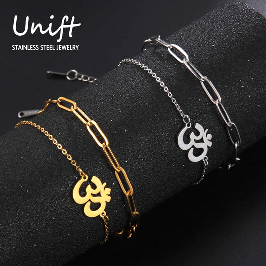 Unift Hindu Yoga Om Aum Bracelet for Women Double Chain Bracelets Bangles Buddhism Amulet Talisman Stainless Steel Jewelry Trend