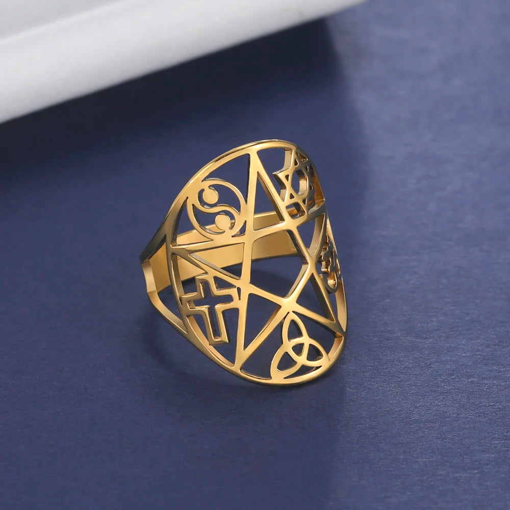 Dawapara Coexist Spiritual Symbols Adjustable Ring Good Luck Amulet Peace Unity Religious Dharma Wheel of Life Stainless Steel