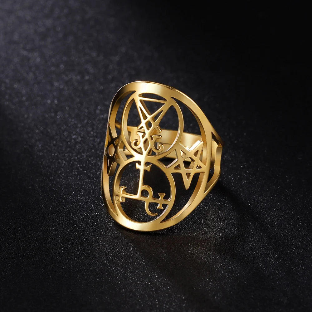Dawapara Seal of Lilith Lucifer Sigil Adjustable Women Ring Stainless Steel Wedding Bands Moon Goddess Protection Amulet Jewelry