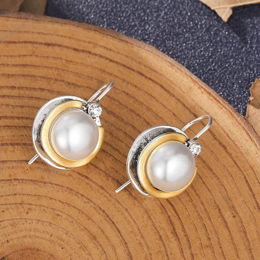 Vintage Round Imitation Pearl Earrings for Women Trendy Silver Color Metal Inlaid White Stone Dangle Earrings Jewelry